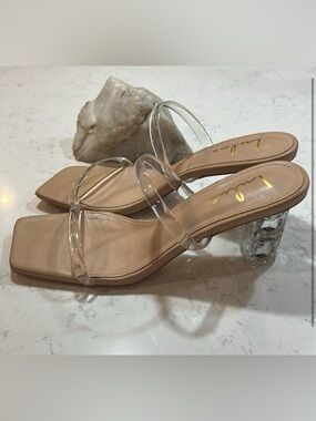 Lulus Nude and Clear Elegant Faux Crystal Glass High Heel Sandals Size 8